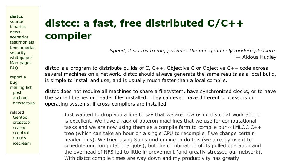 Screenshot of distcc.org: Distcc: A fast, free distributed C/C++ compiler