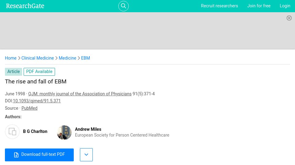 Screenshot of researchgate.net: The Rise and Fall of Evidence Based Medicine (1998) [pdf]