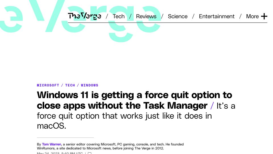 Screenshot of theverge.com: Windows 11 is getting a force quit option to close apps without the Task Manager
