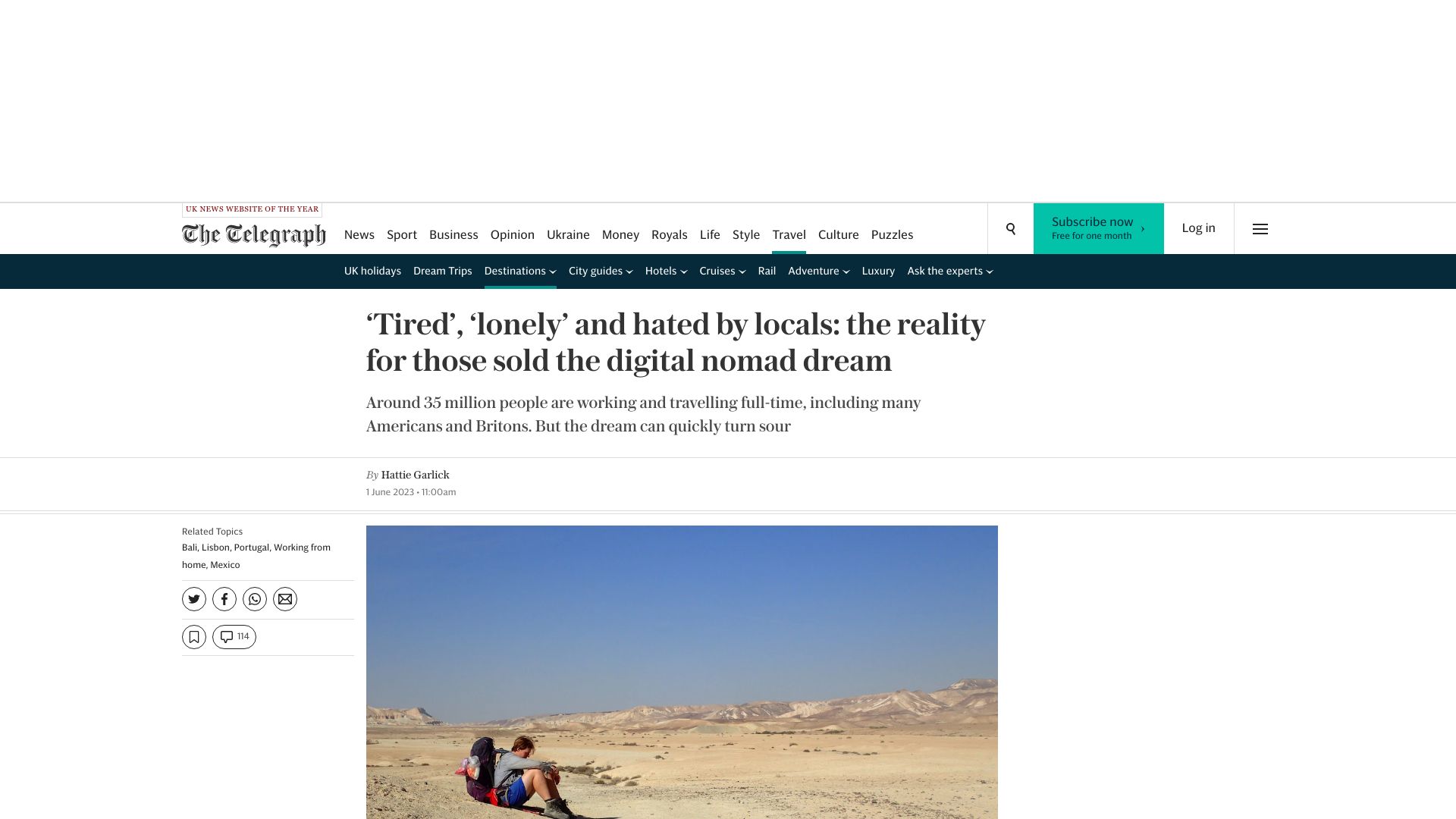 Screenshot of telegraph.co.uk: ‘Tired’, ‘lonely’ and hated by locals: the reality for the digital nomad