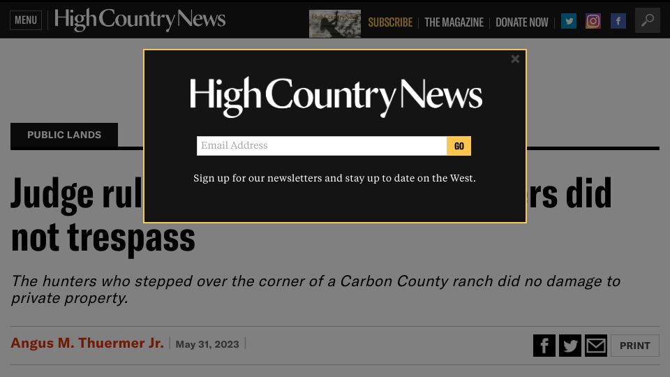 Screenshot of hcn.org: Judge rules Wyoming corner crossers did not trespass