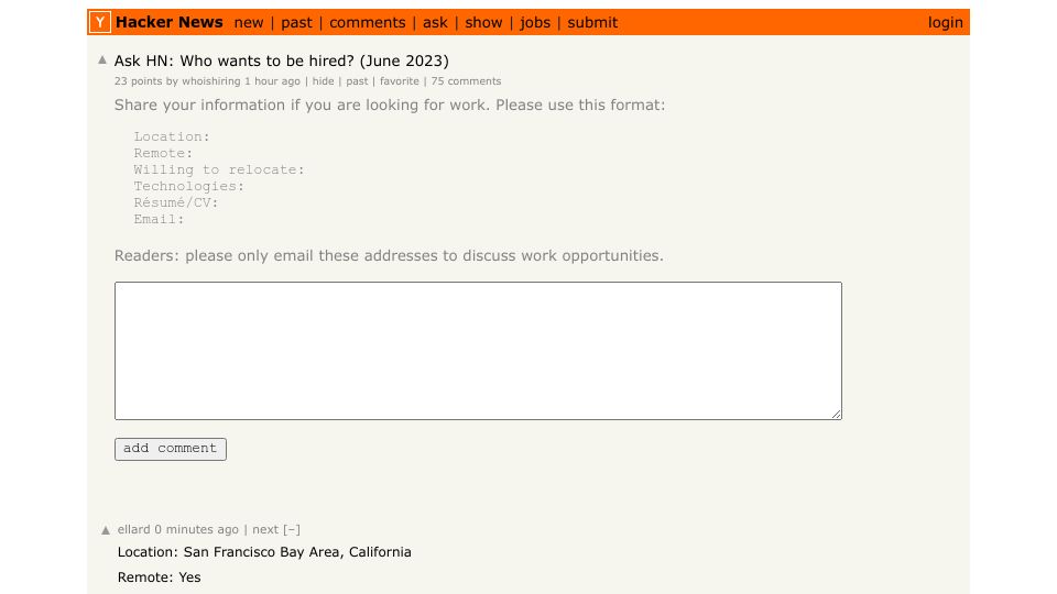 Screenshot of Hacker News post: Ask HN: Who wants to be hired? (June 2023)
