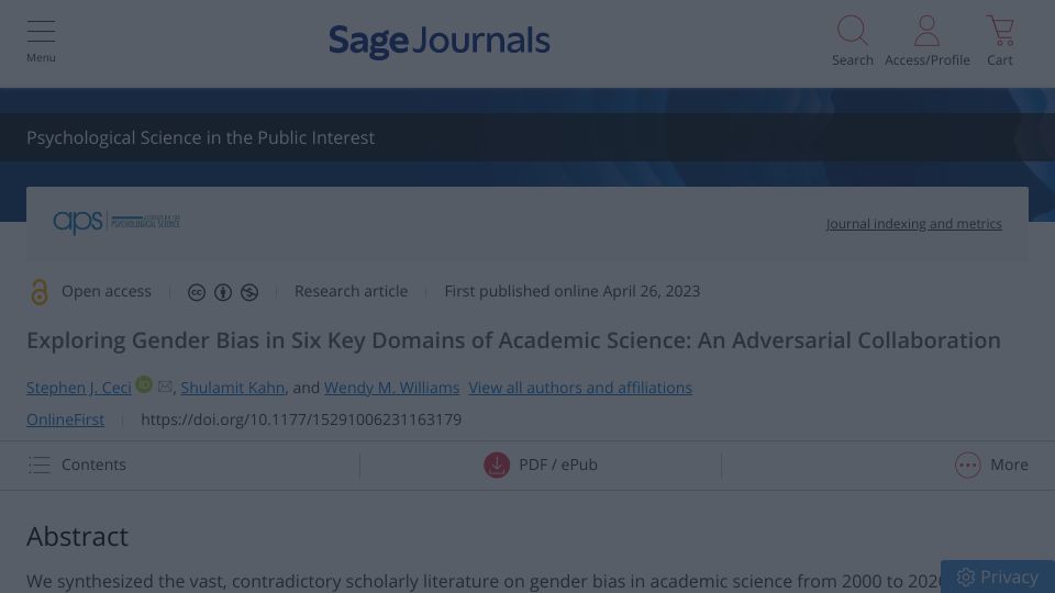 Screenshot of journals.sagepub.com: Research Finds Women Are Advantaged in Being Hired in Academic Science
