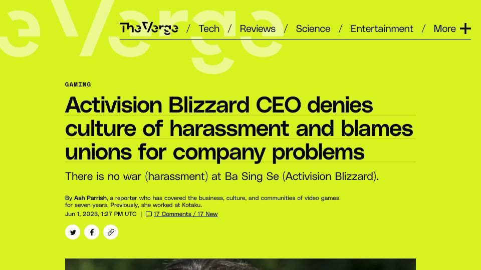 Screenshot of theverge.com: Blizzard CEO denies culture of harassment and blames unions for company problems