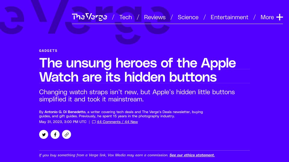 Screenshot of theverge.com: The unsung hero of the Apple Watch is its hidden buttons