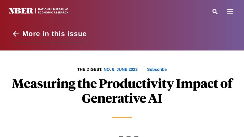 Screenshot of nber.org: Measuring the productivity impact of generative AI