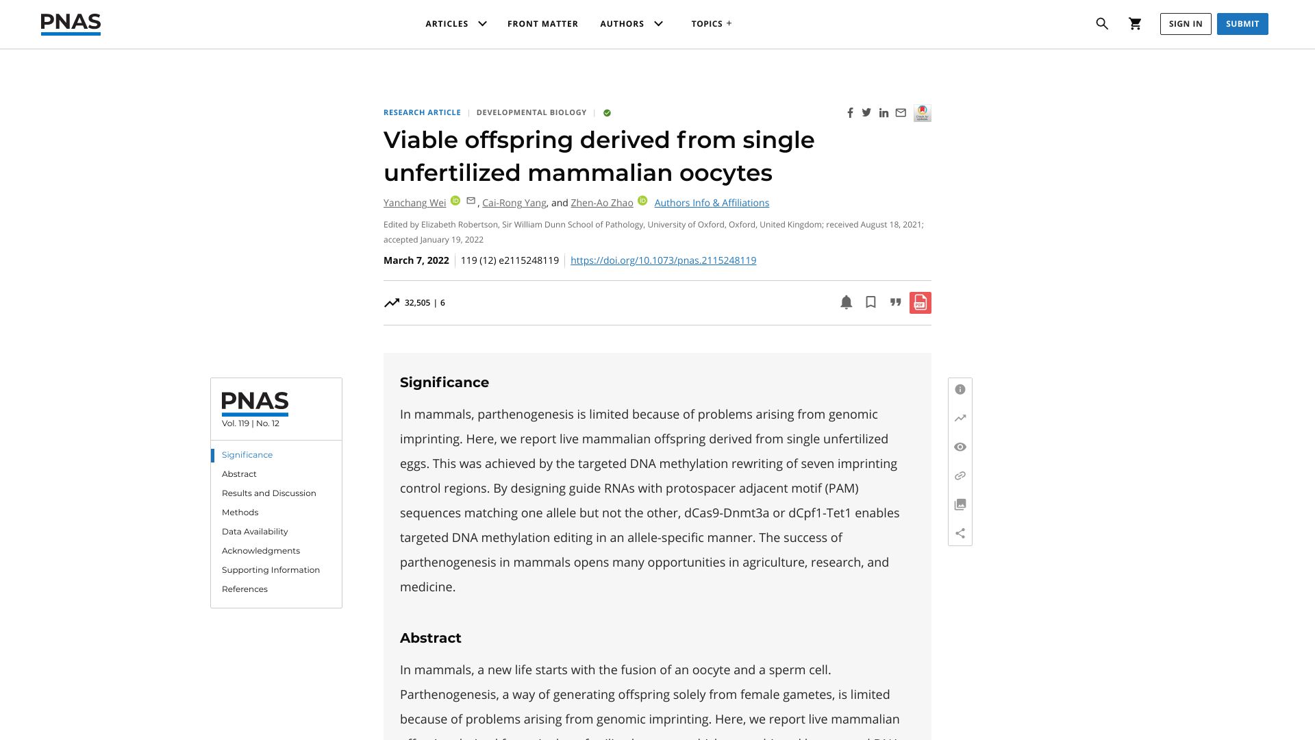 Screenshot of pnas.org: Viable offspring derived from single unfertilized mammalian oocytes