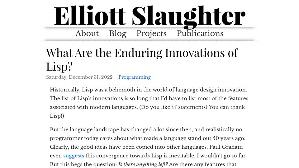 Screenshot of elliottslaughter.com: What are the enduring innovations of Lisp? (2022)