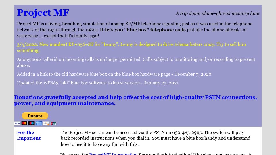 Screenshot of projectmf.org: Project MF: A simulation of analog SF/MF telephone signaling