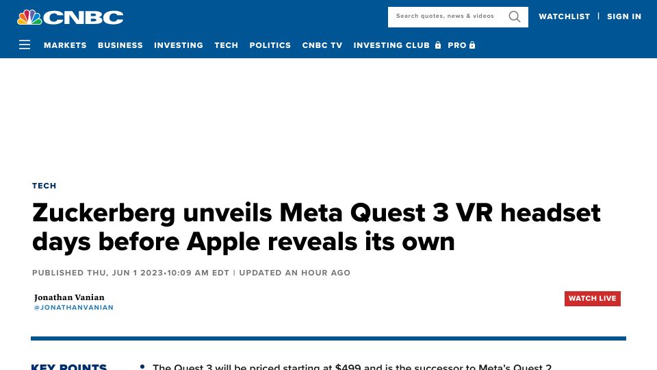 Screenshot of cnbc.com: Zuckerberg unveils Meta’s newest VR headset days before Apple reveals its own