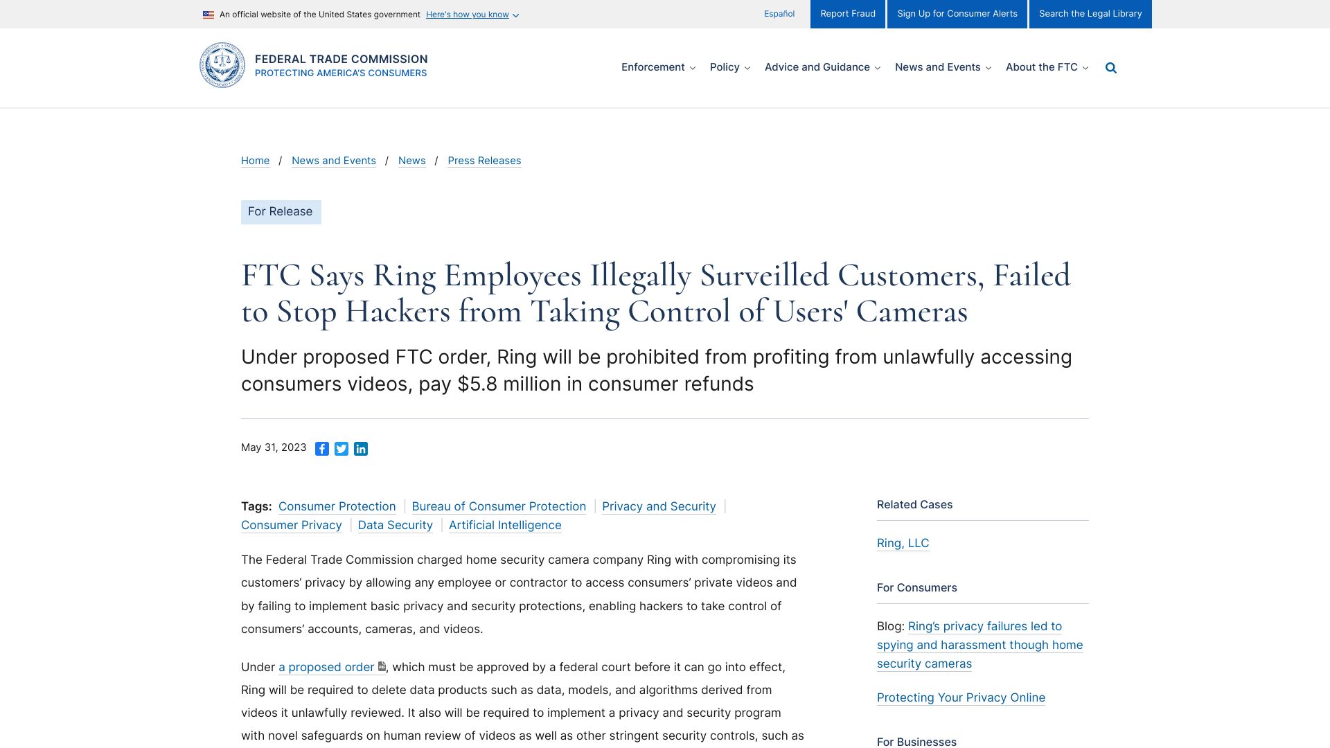 Screenshot of ftc.gov: FTC says Ring employees illegally surveilled customers, failed to stop hackers