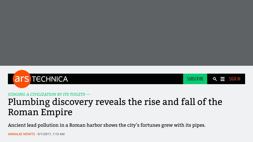 Screenshot of arstechnica.com: Ancient lead pollution in a Roman harbor (2017)