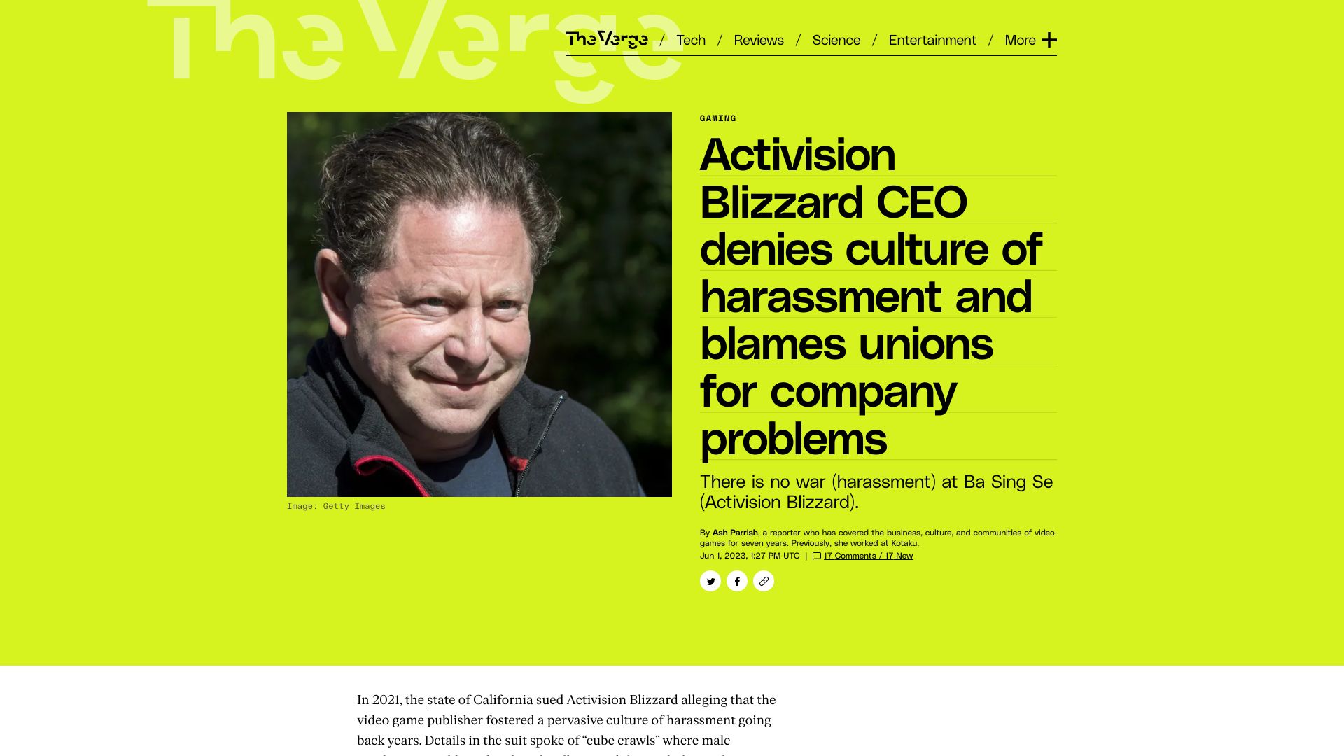 Screenshot of theverge.com: Blizzard CEO denies culture of harassment and blames unions for company problems