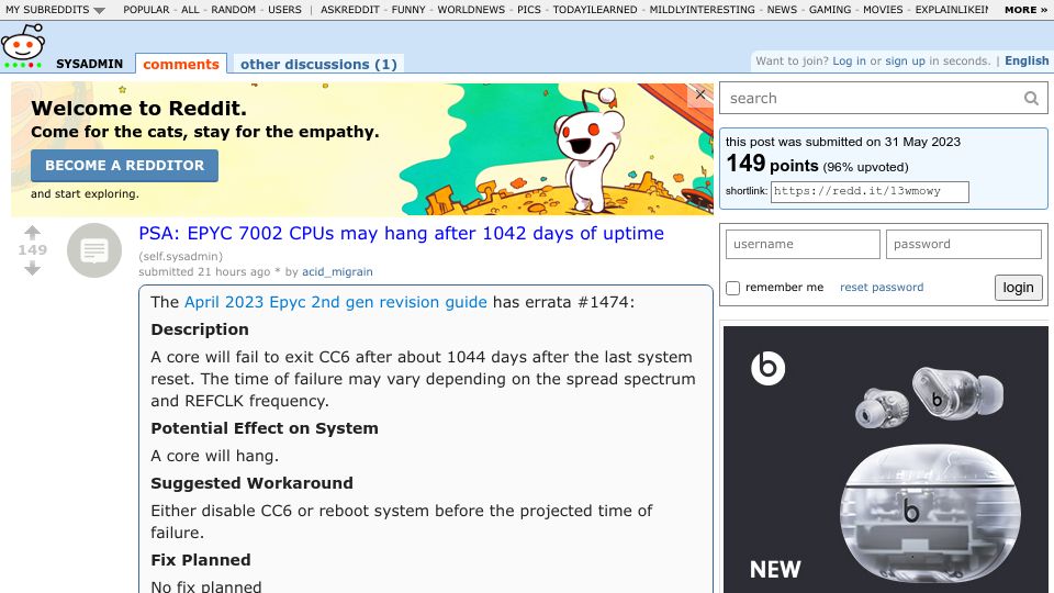Screenshot of old.reddit.com: EPYC 7002 CPUs may hang after 1042 days of uptime