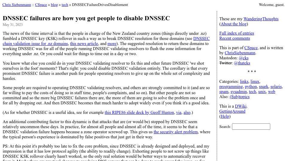 Screenshot of utcc.utoronto.ca: DNSSEC failures are how you get people to disable DNSSEC