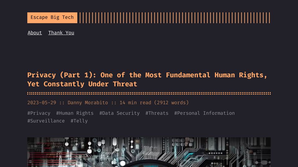 Screenshot of escapebigtech.info: Privacy: One of the Most Fundamental Human Rights, yet Constantly Under Threat