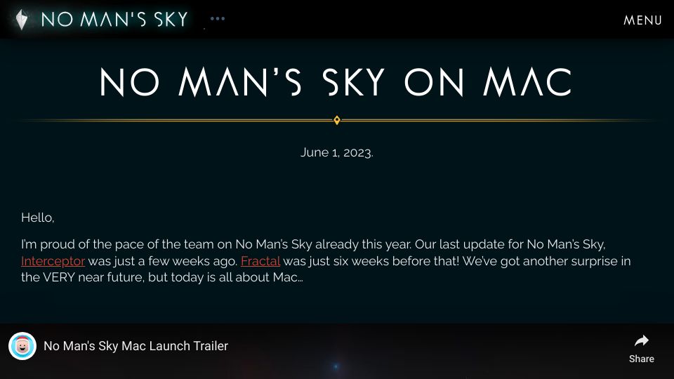 Screenshot of nomanssky.com: No Man's Sky Now on Mac
