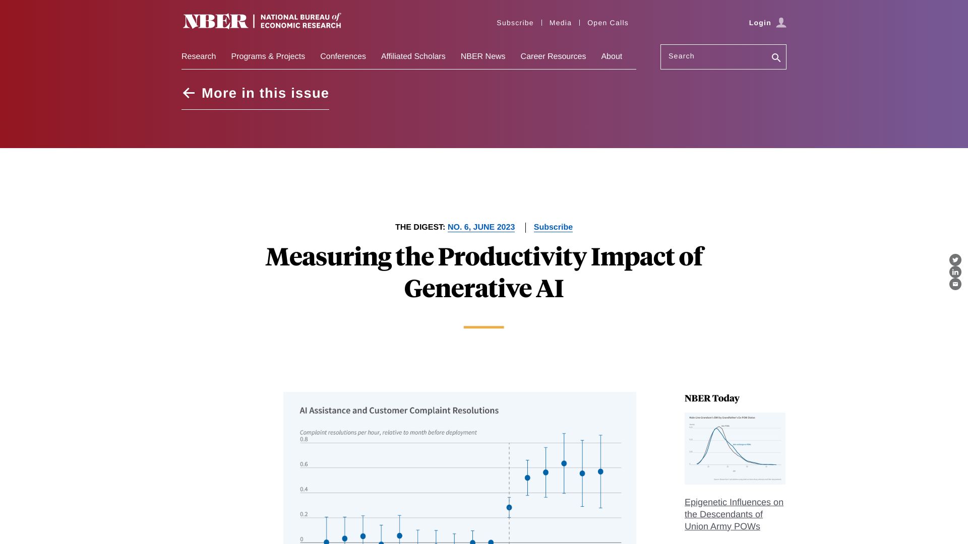 Screenshot of nber.org: Measuring the productivity impact of generative AI