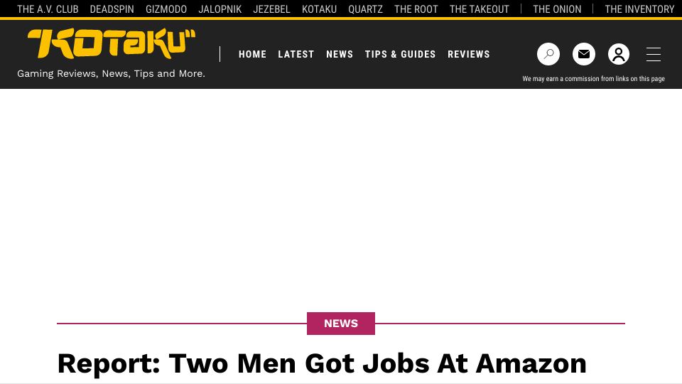 Screenshot of kotaku.com: Two Men Got Jobs at Amazon Just to Steal Copies of Zelda