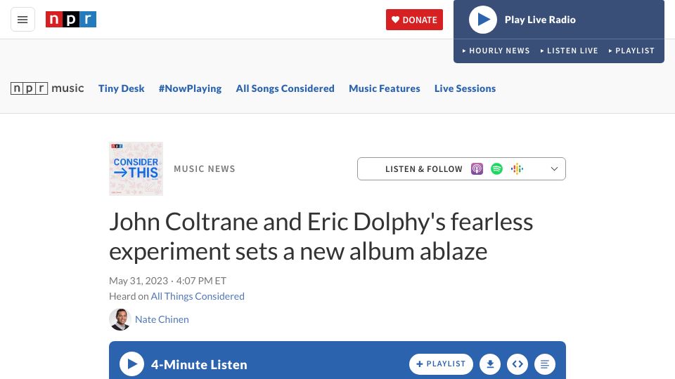 Screenshot of npr.org: Lost John Coltrane recording, from experimental phase with Eric Dolphy, emerges