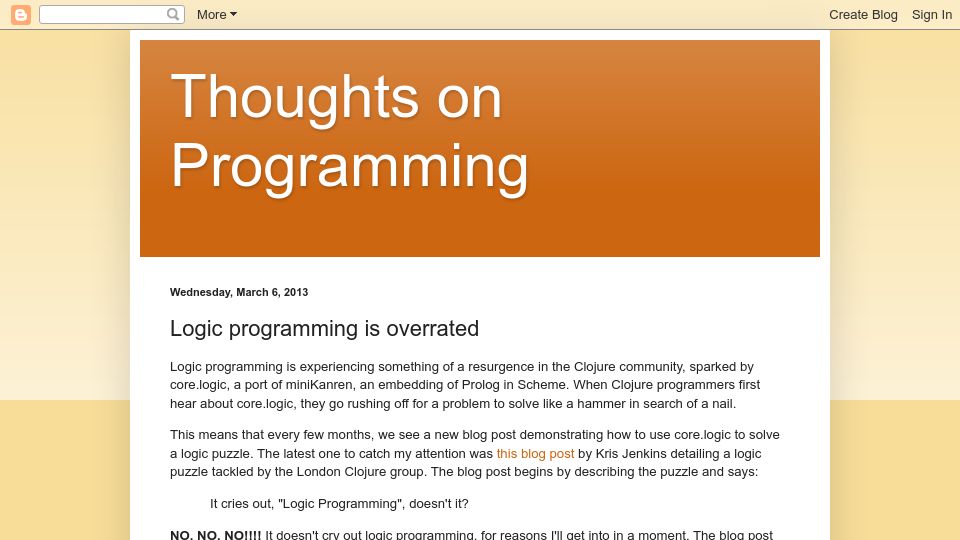 Screenshot of programming-puzzler.blogspot.com: Logic programming is overrated, at least for logic puzzles (2013)