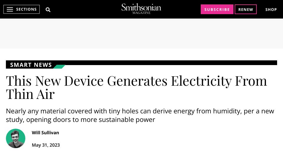 Screenshot of smithsonianmag.com: New Device Generates Electricity from Thin Air