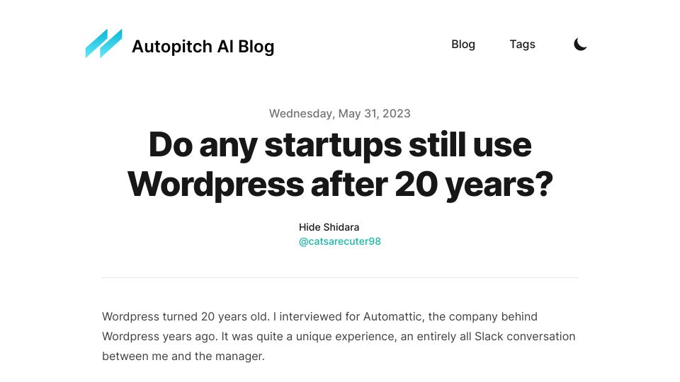 Screenshot of autopitch.ai: Do any startups still use WordPress after 20 years?