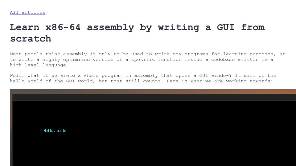Screenshot of gaultier.github.io: Learn x86-64 assembly by writing a GUI from scratch (2020)