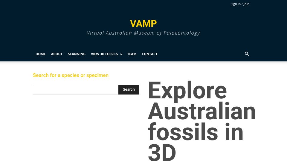Screenshot of sites.flinders.edu.au: Explore Australian Fossils in 3D