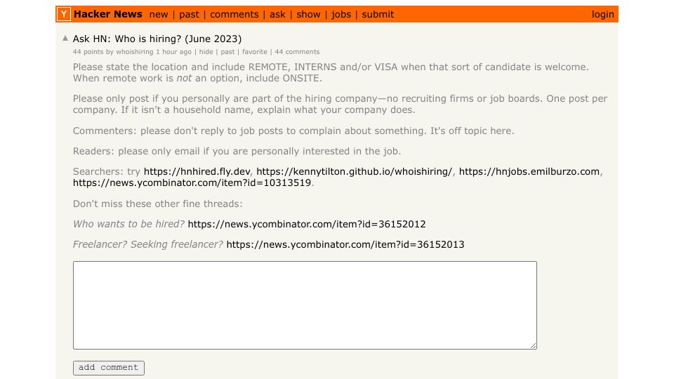 Screenshot of Hacker News post: Ask HN: Who is hiring? (June 2023)
