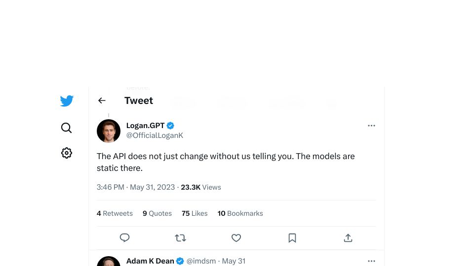 Screenshot of twitter.com: OpenAI Employee: GPT-4 has been static since March