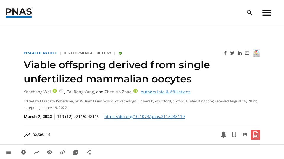 Screenshot of pnas.org: Viable offspring derived from single unfertilized mammalian oocytes