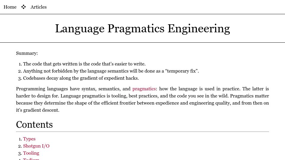 Screenshot of borretti.me: Language Pragmatics Engineering
