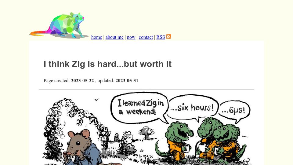 Screenshot of ratfactor.com: Zig is hard but worth it