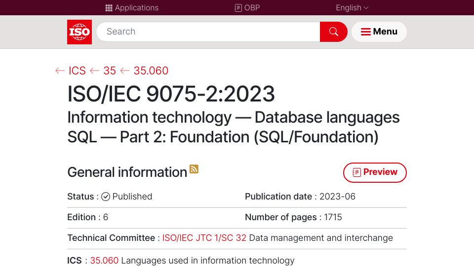 Screenshot of iso.org: SQL:2023 has been released
