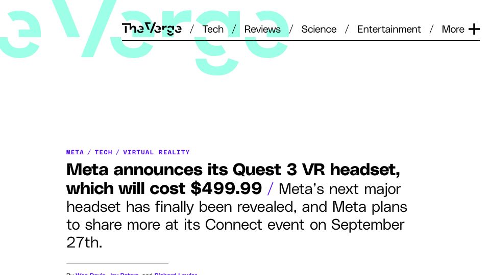 Screenshot of theverge.com: Meta announces its Quest 3 VR headset