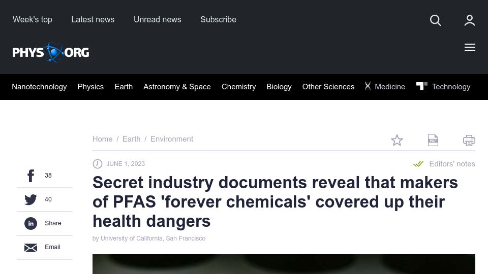 Screenshot of phys.org: Industry docs reveal makers of 'forever chemicals' covered up health dangers