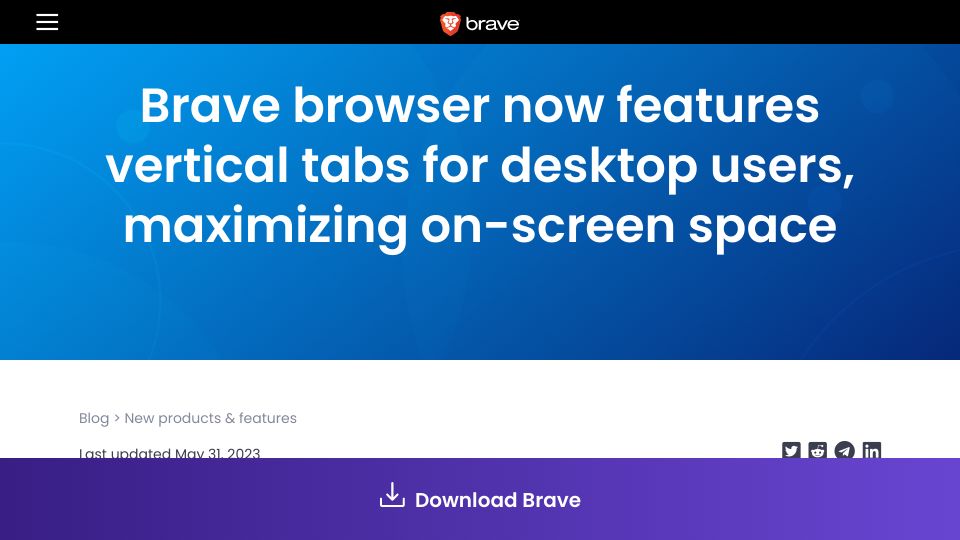 Screenshot of brave.com: Brave Browser introduces vertical tabs