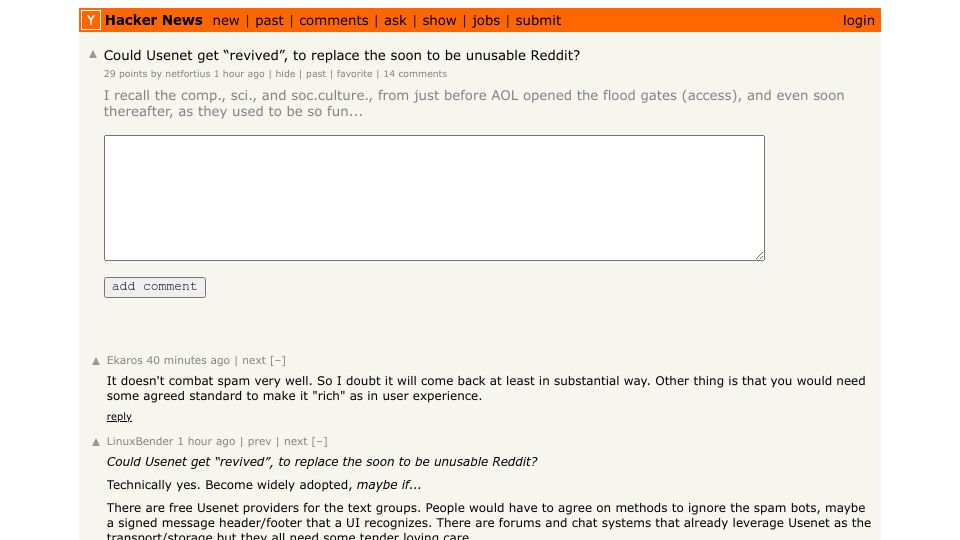 Screenshot of Hacker News post: Could Usenet get “revived”, to replace the soon to be unusable Reddit?