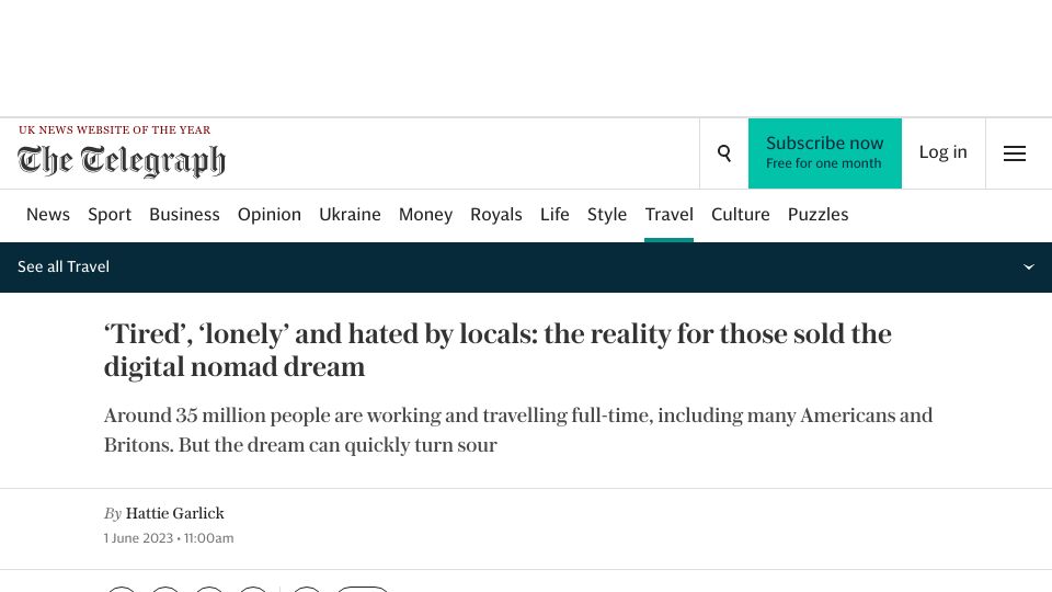 Screenshot of telegraph.co.uk: ‘Tired’, ‘lonely’ and hated by locals: the reality for the digital nomad