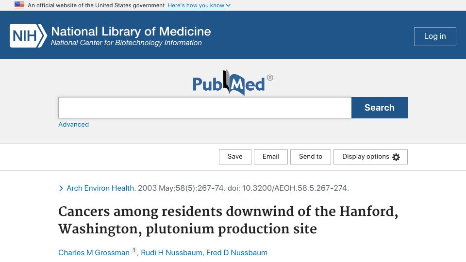 Screenshot of pubmed.ncbi.nlm.nih.gov: People living near former atomic weapon plant in WA have increased cancer rates