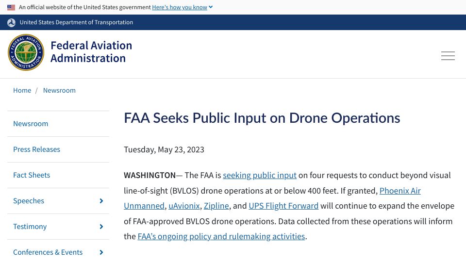 Screenshot of faa.gov: FAA seeks public input on drone operations
