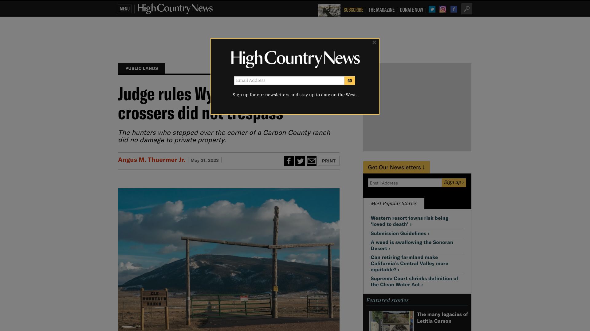 Screenshot of hcn.org: Judge rules Wyoming corner crossers did not trespass
