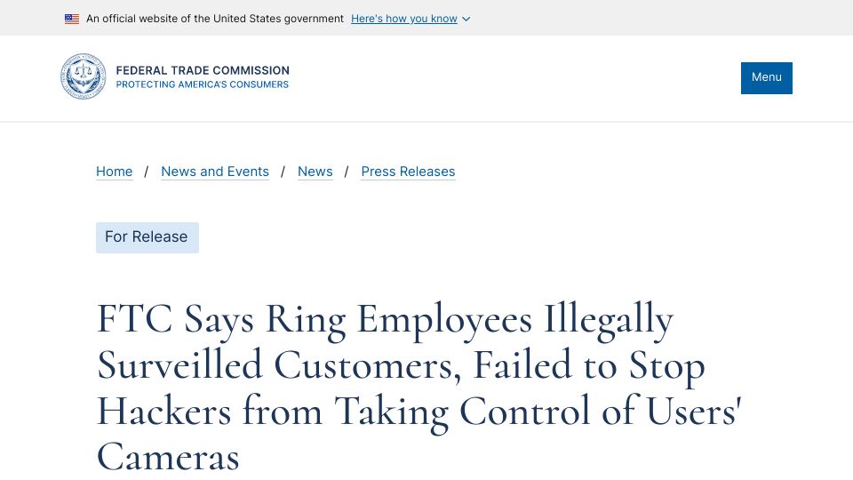 Screenshot of ftc.gov: FTC says Ring employees illegally surveilled customers, failed to stop hackers