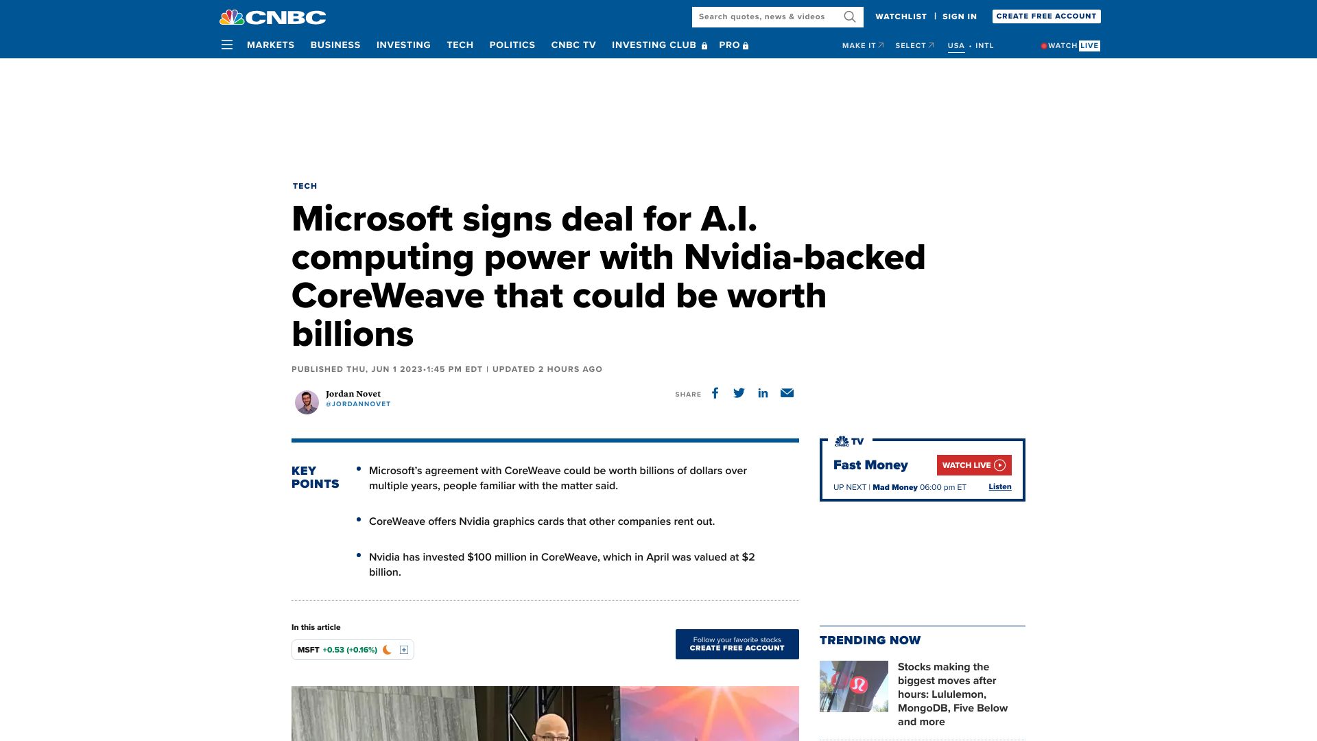 Screenshot of cnbc.com: Microsoft inks deal with CoreWeave to meet OpenAI cloud demand