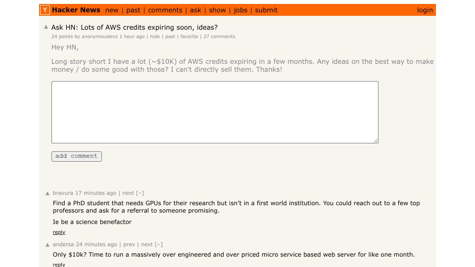 Screenshot of Hacker News post: Ask HN: Lots of AWS credits expiring soon, ideas?