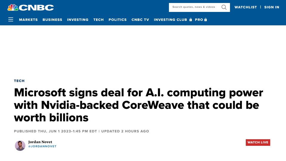 Screenshot of cnbc.com: Microsoft inks deal with CoreWeave to meet OpenAI cloud demand