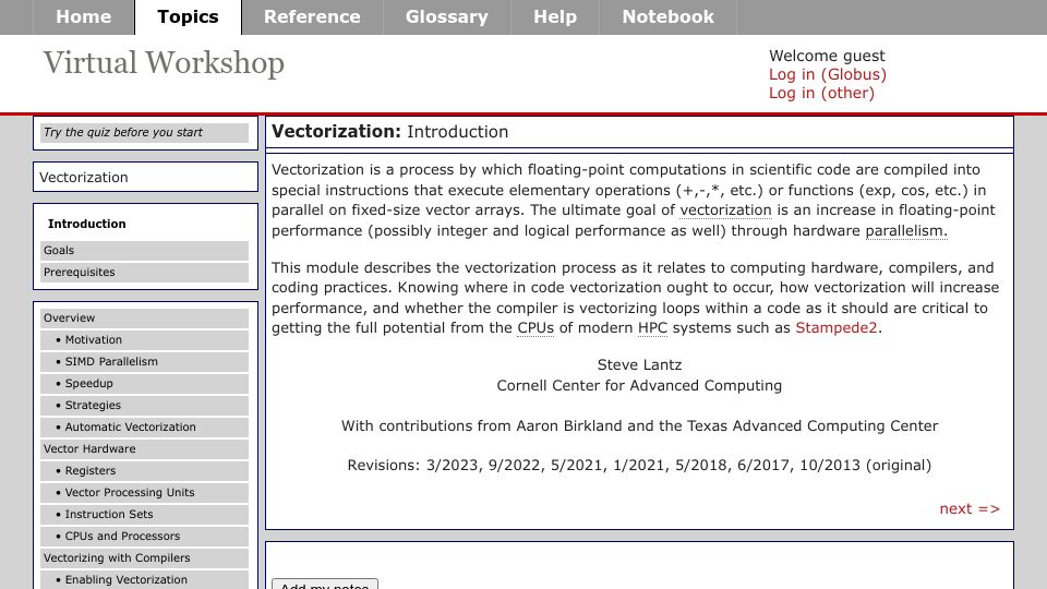 Screenshot of cvw.cac.cornell.edu: Vectorization: Introduction