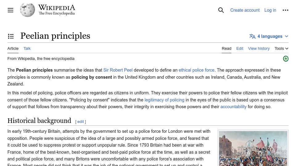 Screenshot of en.wikipedia.org: Peelian Principles