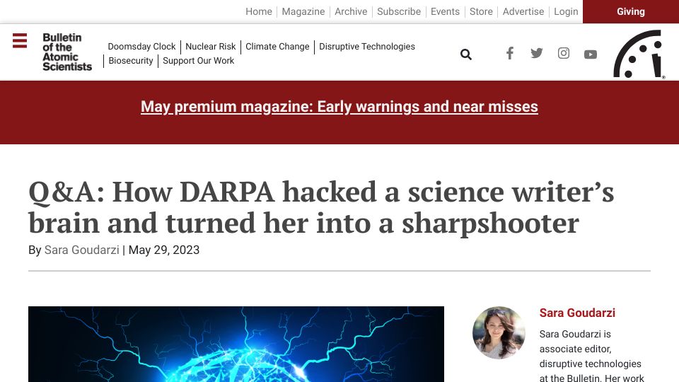 Screenshot of thebulletin.org: DARPA hacked a science writer’s brain and turned her into a sharpshooter
